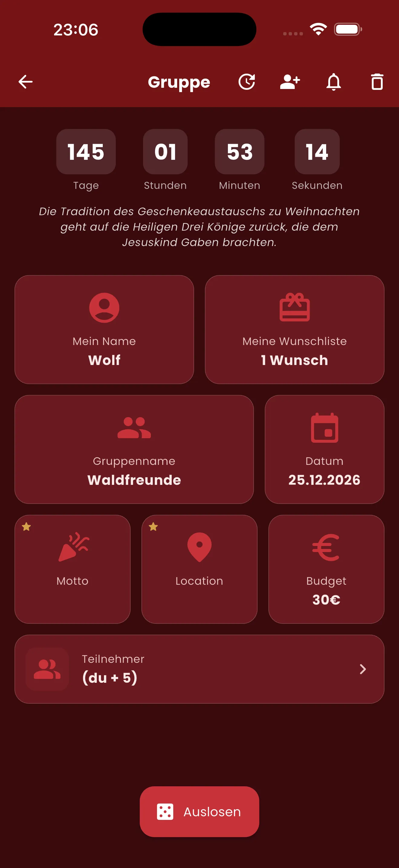 Wichtelrad Gruppenübersicht mit Countdown, Budget und Teilnehmern