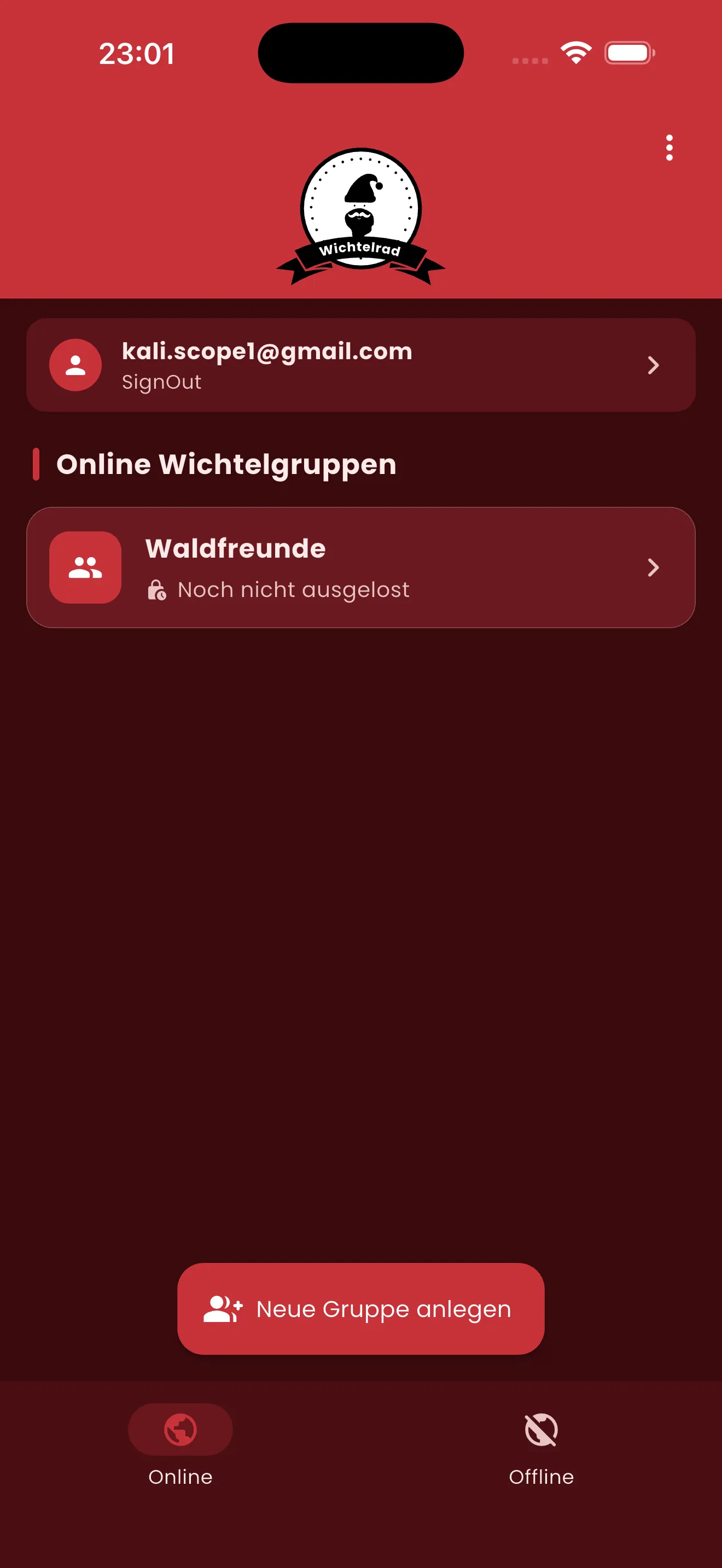 Wichtelrad App: Übersicht der Online-Wichtelgruppen